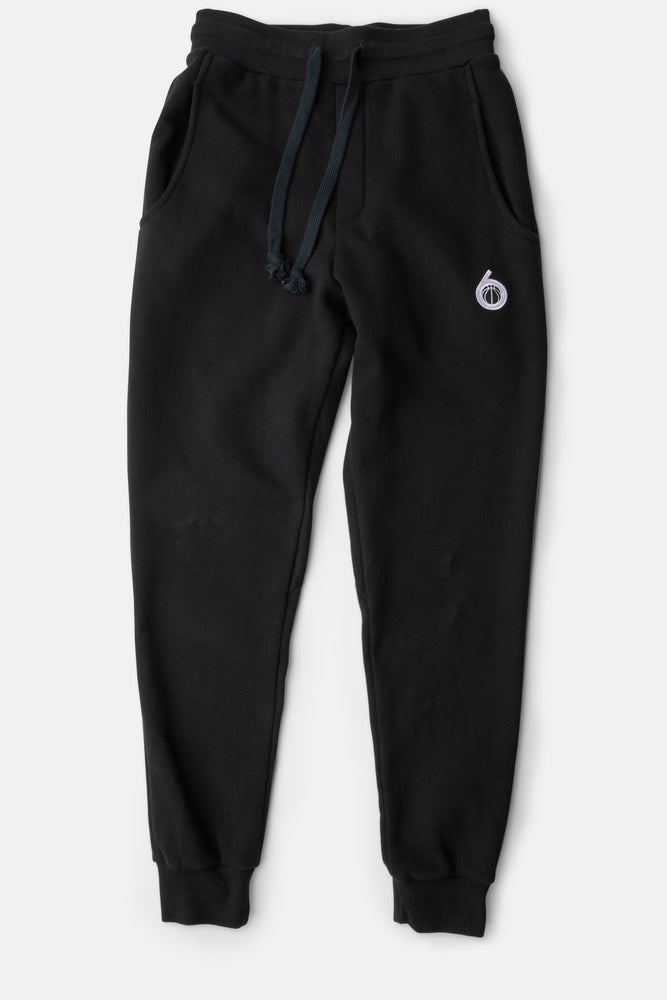 Courtside Six Premium Fleece black jogger with embroidered logo, organic cotton, made in Canada.