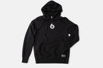 Courtside Six premium black hoodie, organic and made in Canada, featuring a 2.5-inch embroidered Courtside Six logo with premium thread, perfect for basketball enthusiasts seeking style and sustainability.