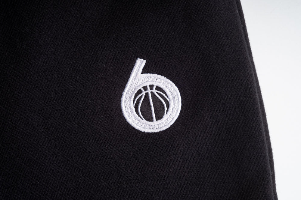 Courtside Six Premium Fleece black jogger with embroidered logo, organic cotton, made in Canada.