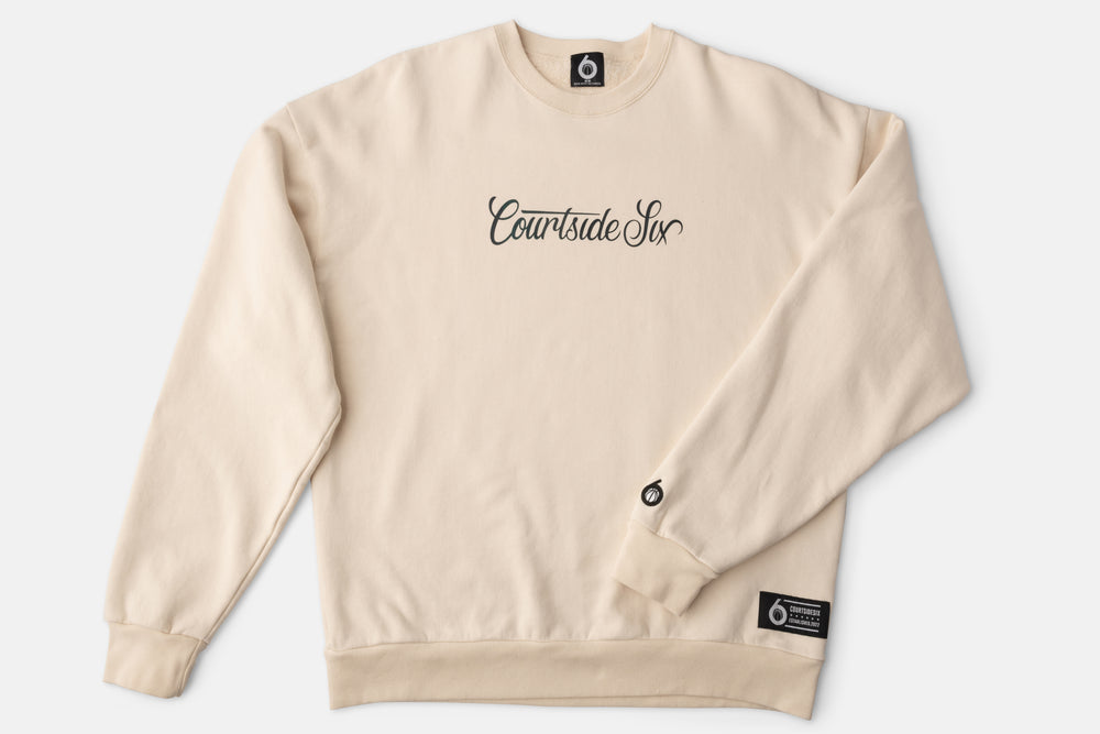 Courtside Six natural 350 GSM fleece crewneck sweater, organic and made in Canada, featuring 'Courtside Six' cursive font, ideal for stylish, eco-conscious basketball fans.