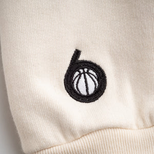 Courtside Six natural 350 GSM fleece crewneck sweater, organic and made in Canada, featuring 'Courtside Six' cursive font, ideal for stylish, eco-conscious basketball fans.